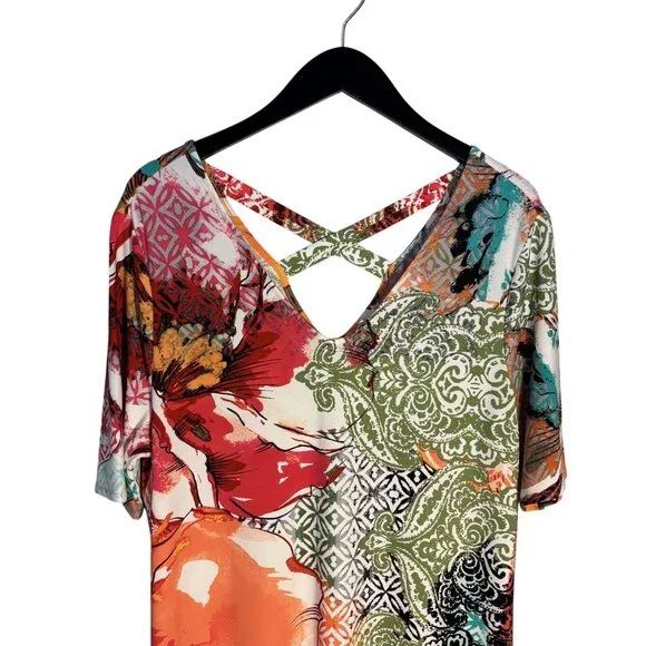 Colorful Boho-Style Short Sleeve Dress With V-Neck & Cross Back Chicos 2 = L - Picture 3 of 11